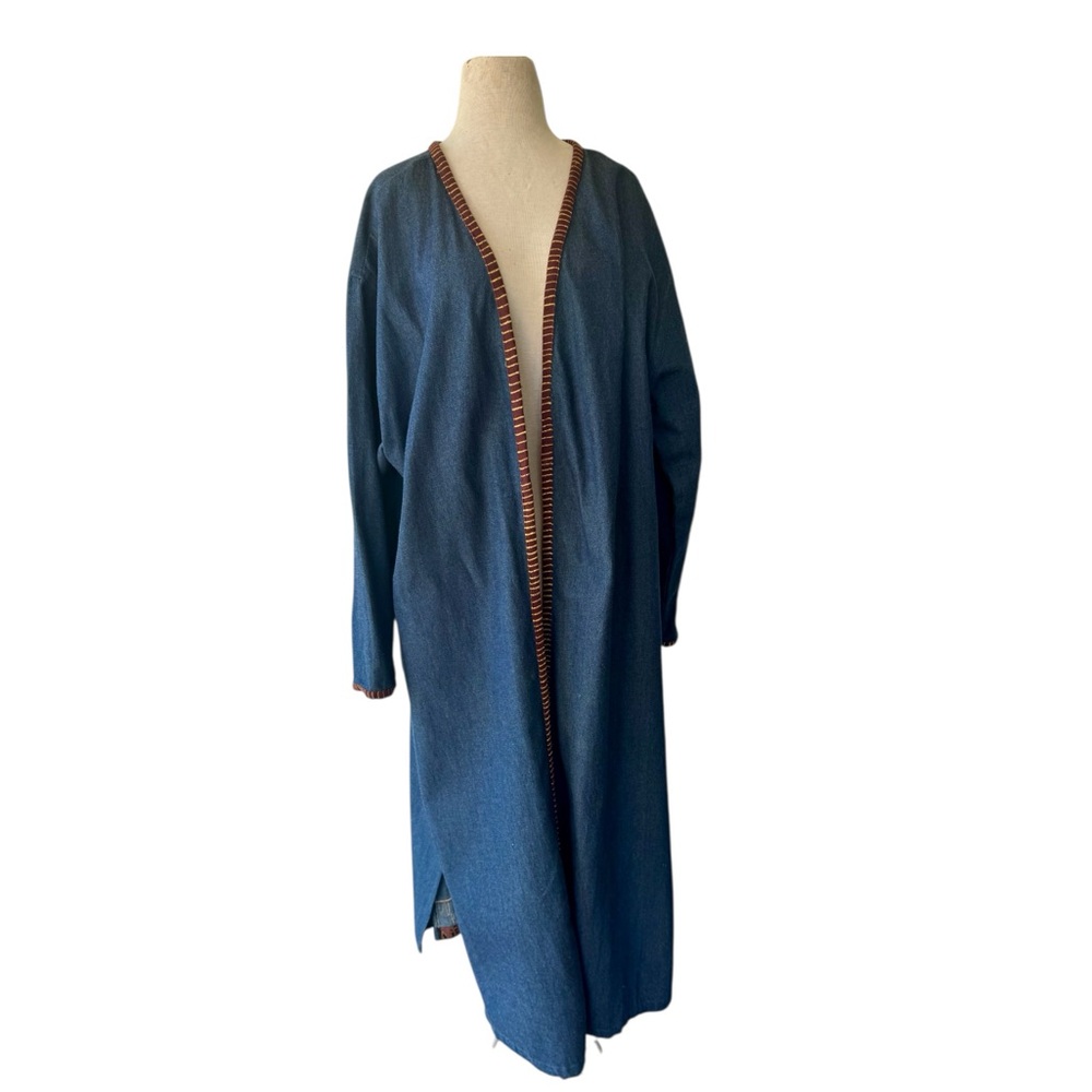 Vtg 90s Molato Jacket XL Denim Long Duster Abstract African Tribal Art Cowrie 2X - Picture 3 of 11